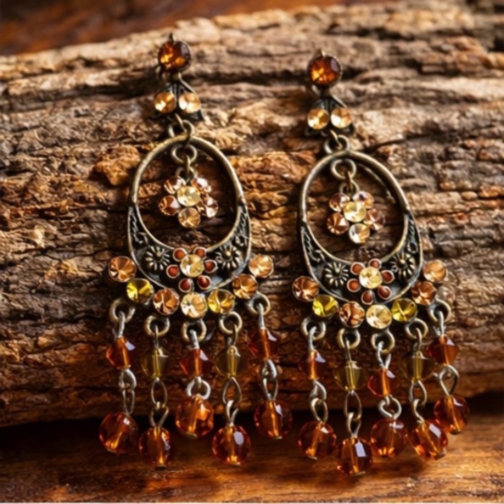 Vintage Boho Chandelier Earrings Amber Glass Beads Rhinestone Dangle